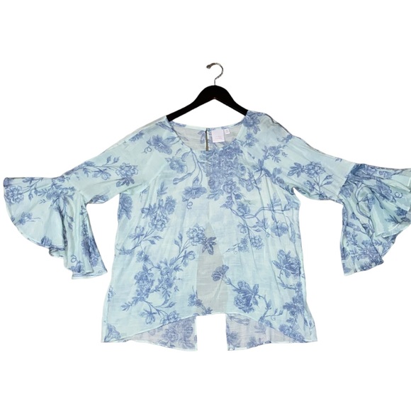 Lauren Conrad Floral Flutter Sleeve Top SeaFoam Green Women’s XL Split Back Boho - Picture 10 of 15